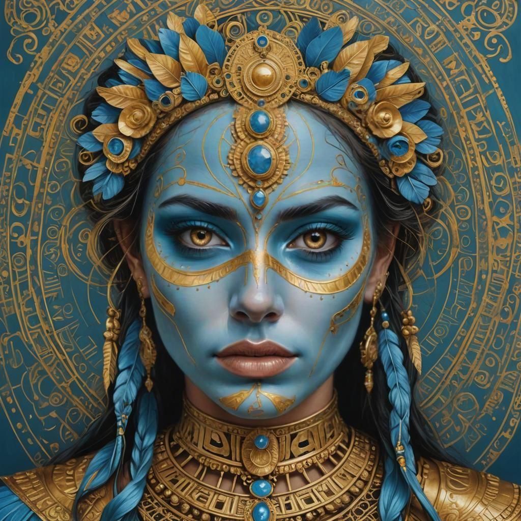 Cyan Woman with Gold Tribal Face Paint