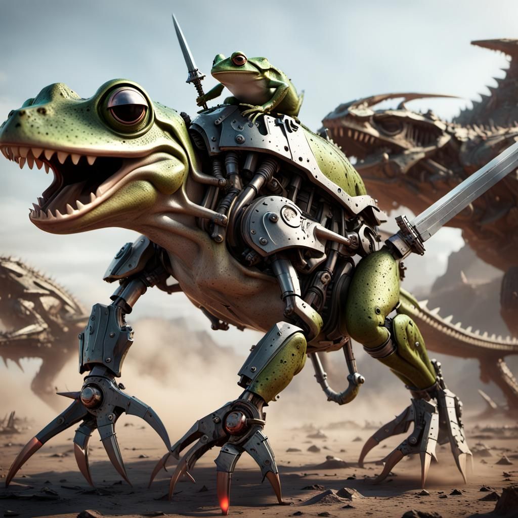 Frog Warrior on Mechanical Dinosaur in Epic Battle