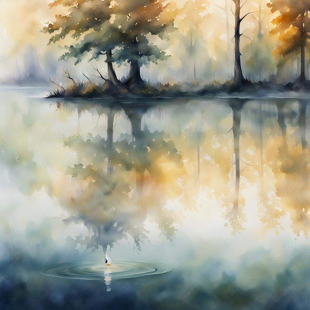 Water Drop Creates Ripples in Misty Lake Watercolor