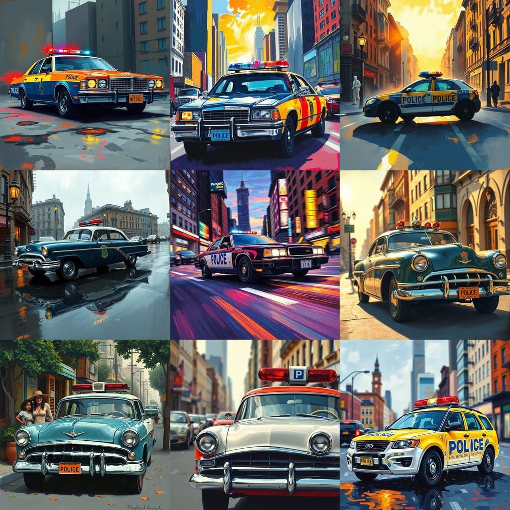 Vibrant Police Car Gouache Painting