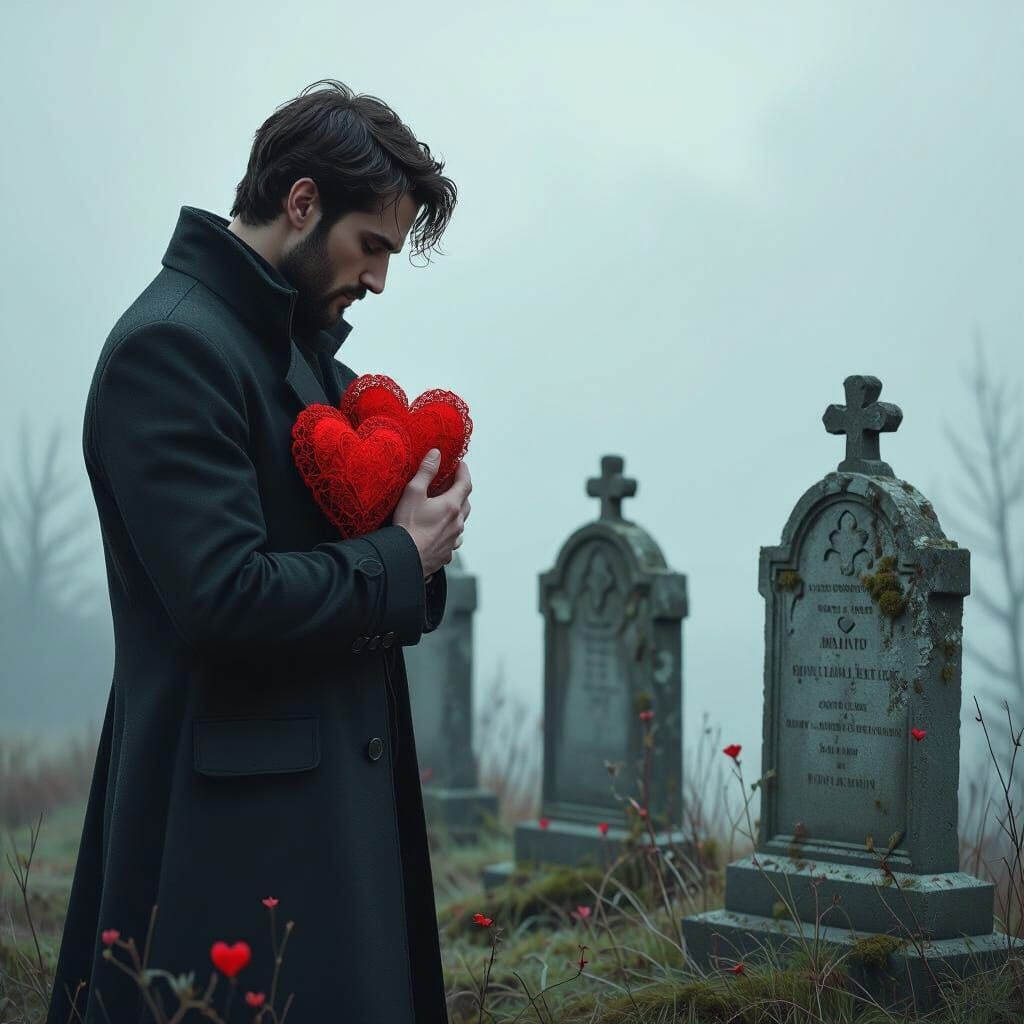 Man Mourns at Graves with Red Hearts in Matte Painting Style
