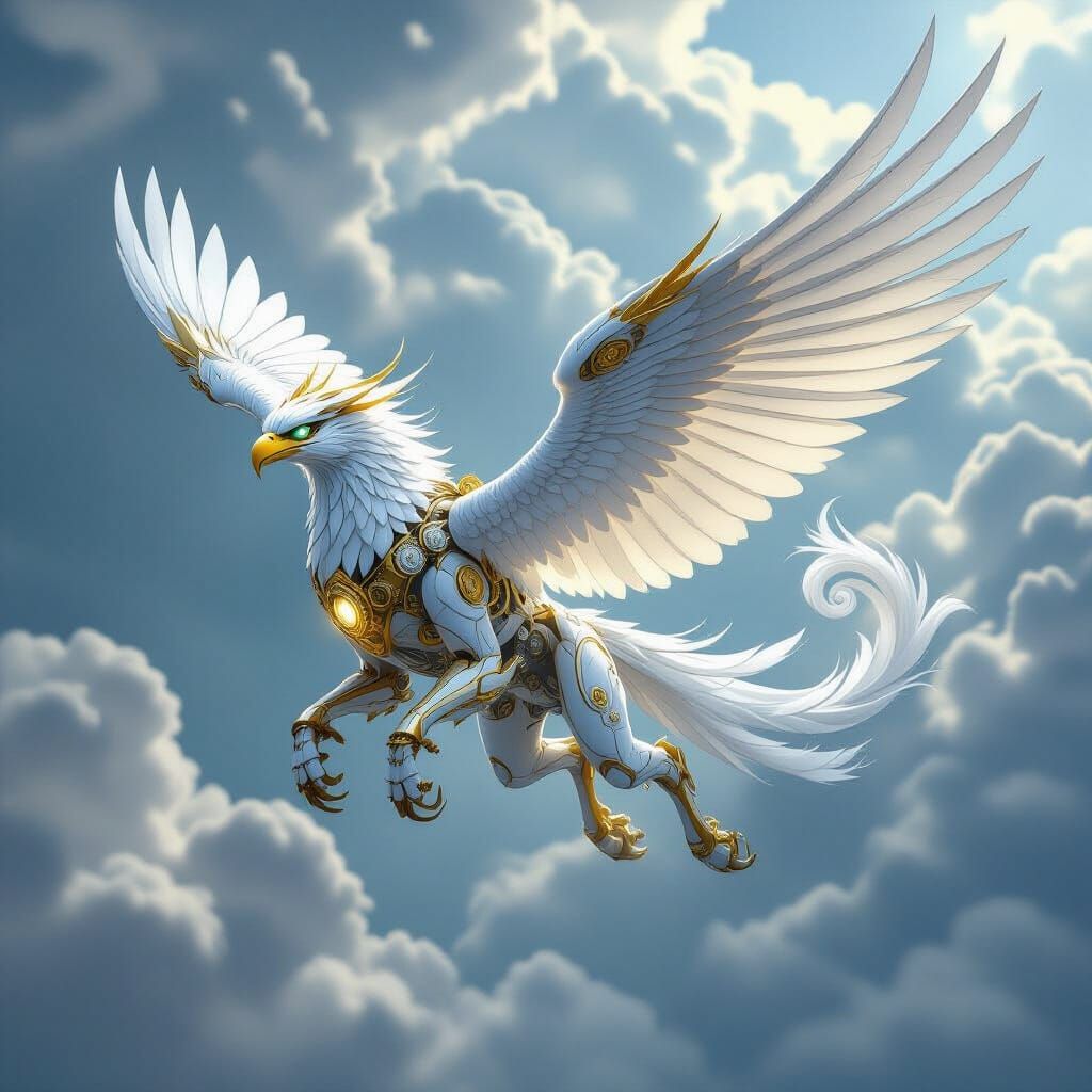 Mechanical Griffin Soaring Through Stormy Sky