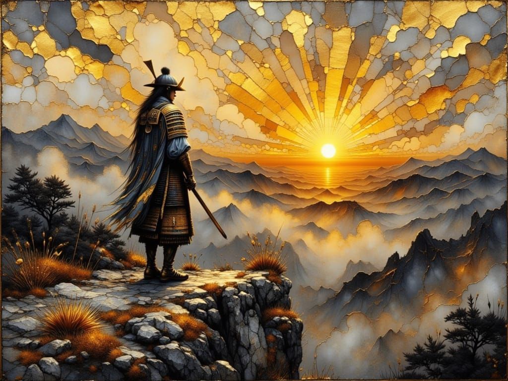 Samurai Sunrise on Misty Mountain, Abstract Romanticism