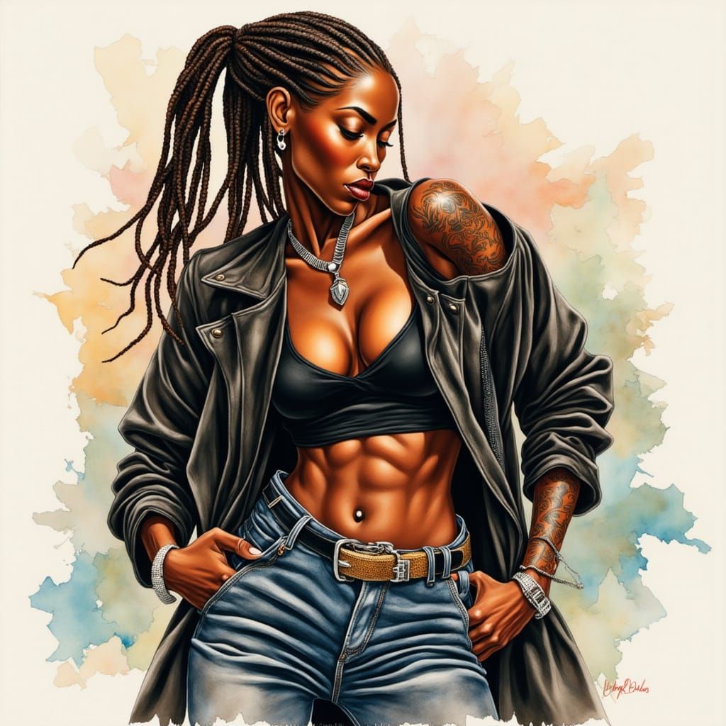 Vibrant African Woman with Airbrushed Watercolor Style Tatto...