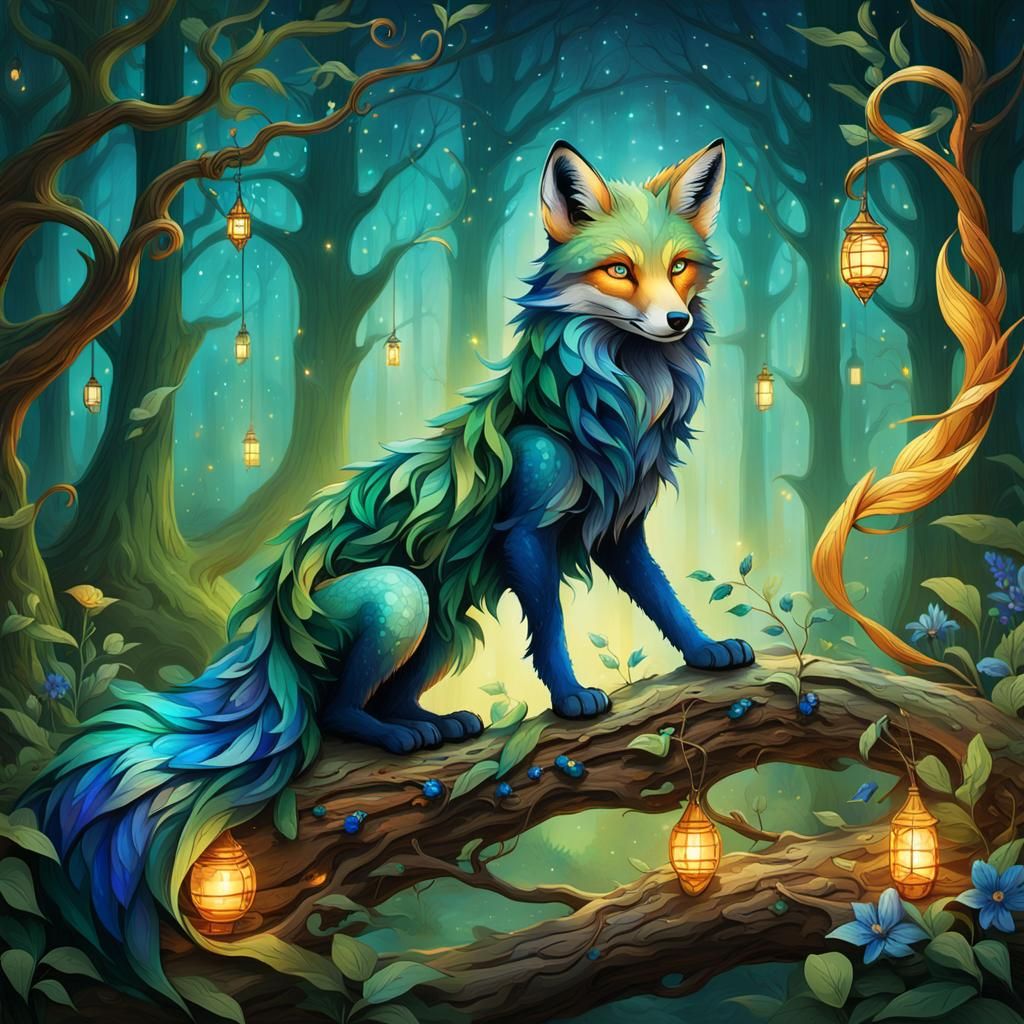 Feathered Fox in Enchanted Forest, Matte Painting