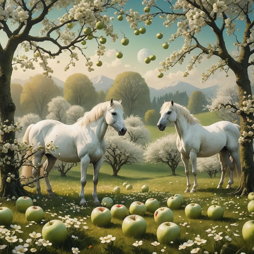 Dreamy Apple Meadow with White Horses