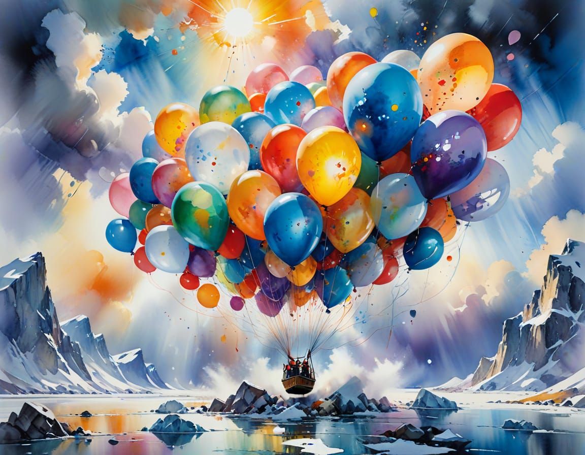 Colorful Balloons Float Over Arctic Landscape Watercolor