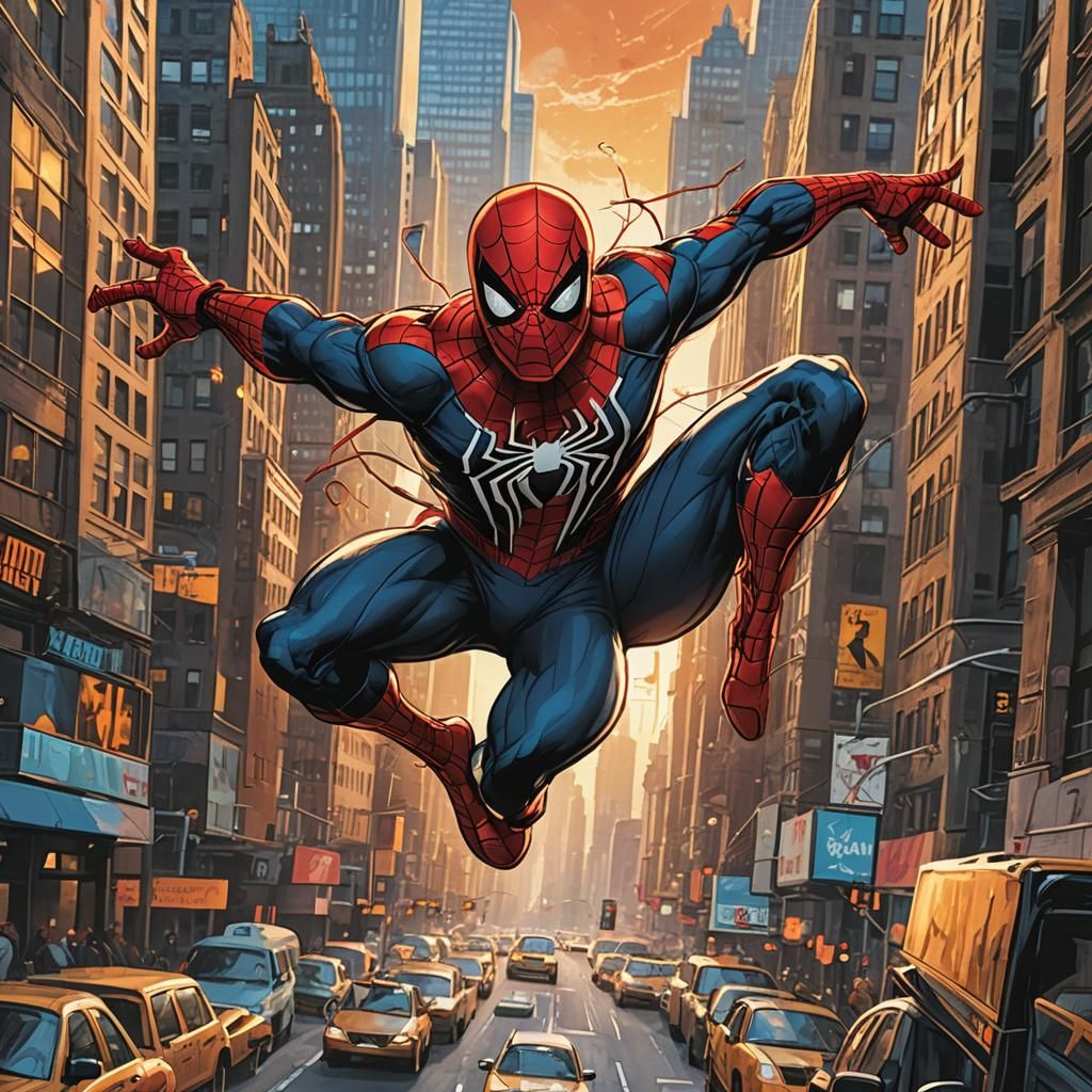 Spider-Man Swings Through City in Comic Book Art