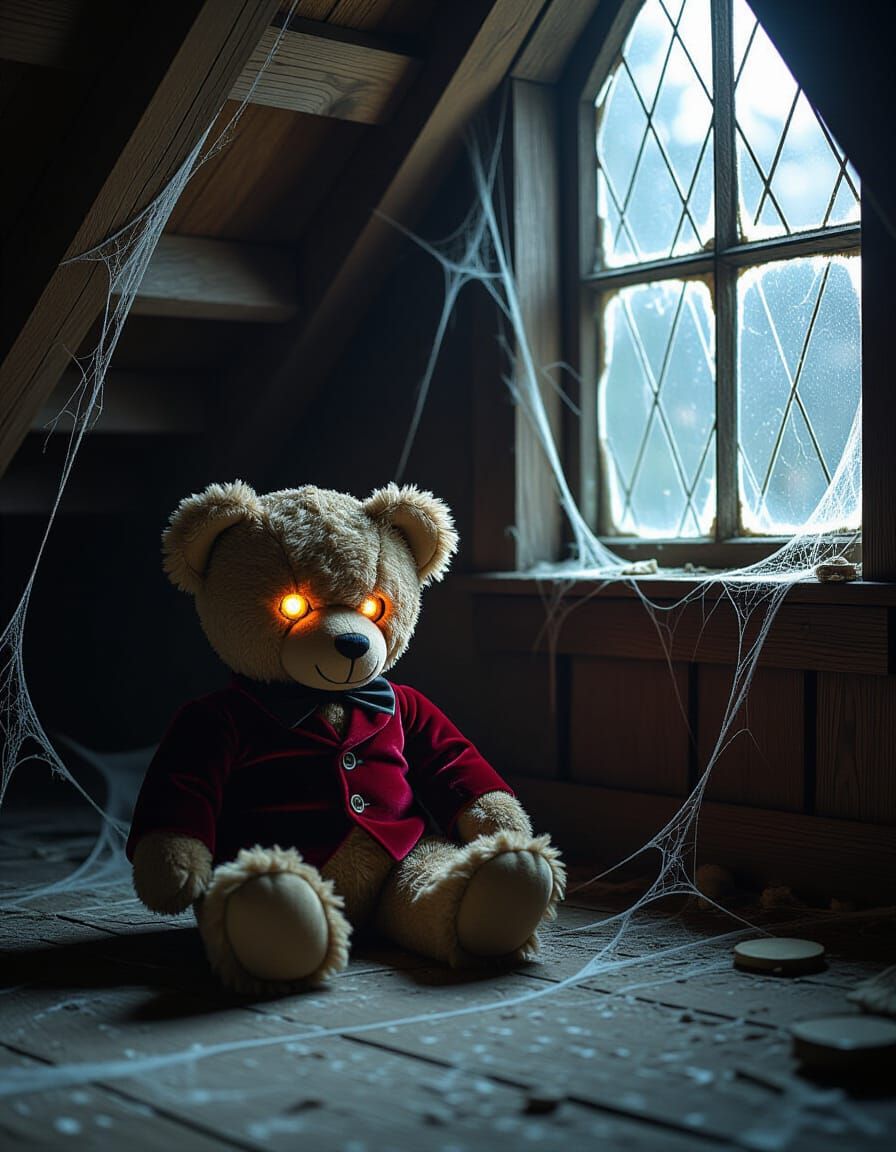 Teddy Bear with Fiery Eyes in Dusty Attic