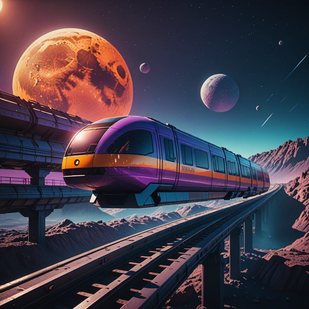 Futuristic Monorail Zooms Across the Lunar Surface in Neon H...