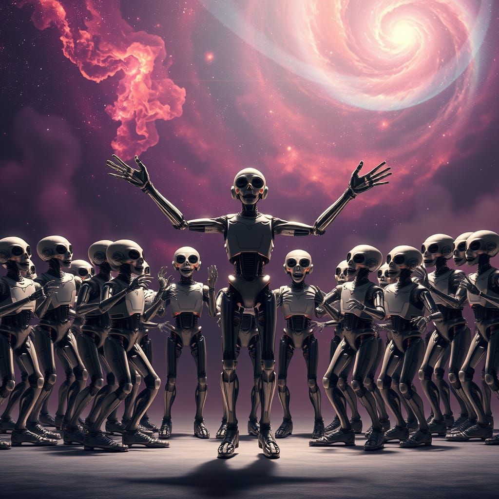 Extraterrestrial Robot Choir Breakdancing in Nebula Light