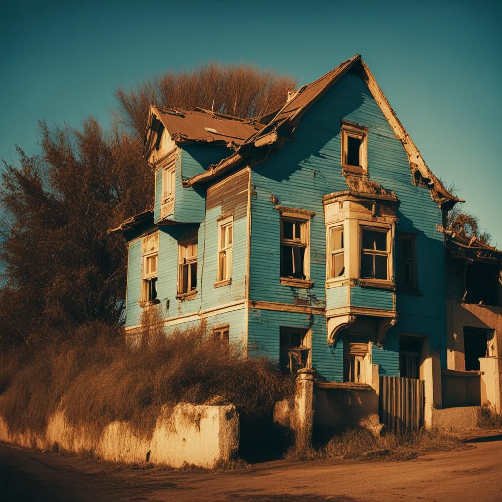 Abandoned House in Dilapidated Estate: Cinematic Film Still