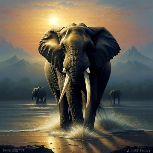 Elephants Oil Painting with Abstract Fractal Details