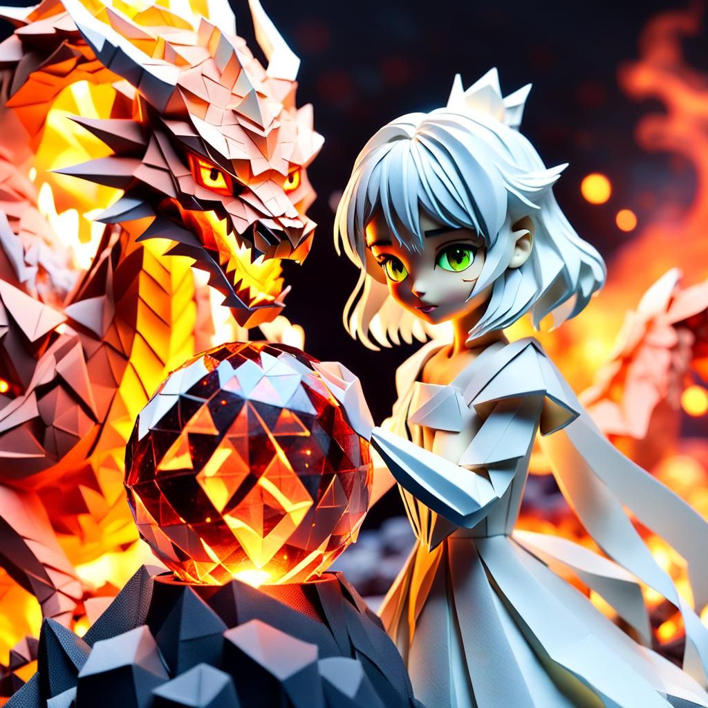 Princess and Lava Dragon in Origami Papercraft Style