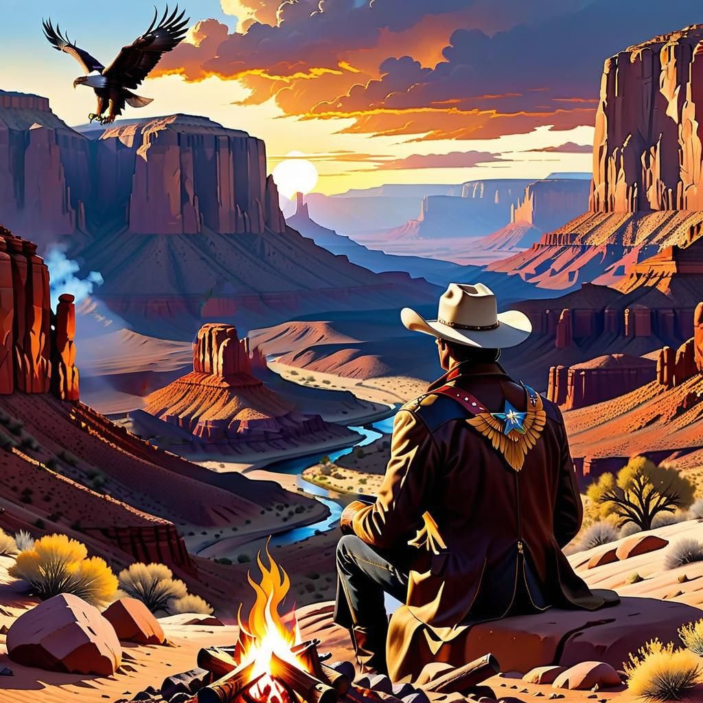 Cowboy in Desert Canyon Sunset Painting