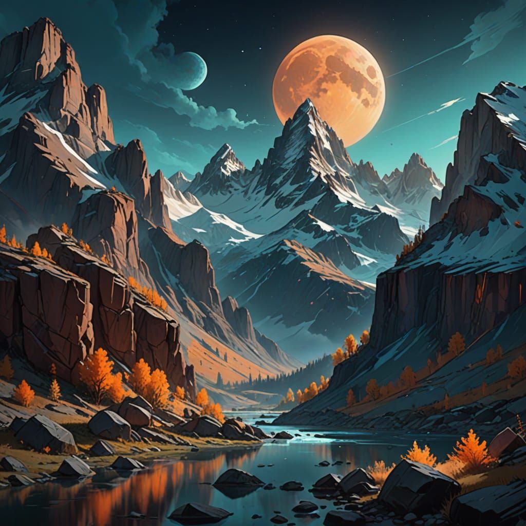 Rocky Mountains Illuminated by Moonlight, Digital Art
