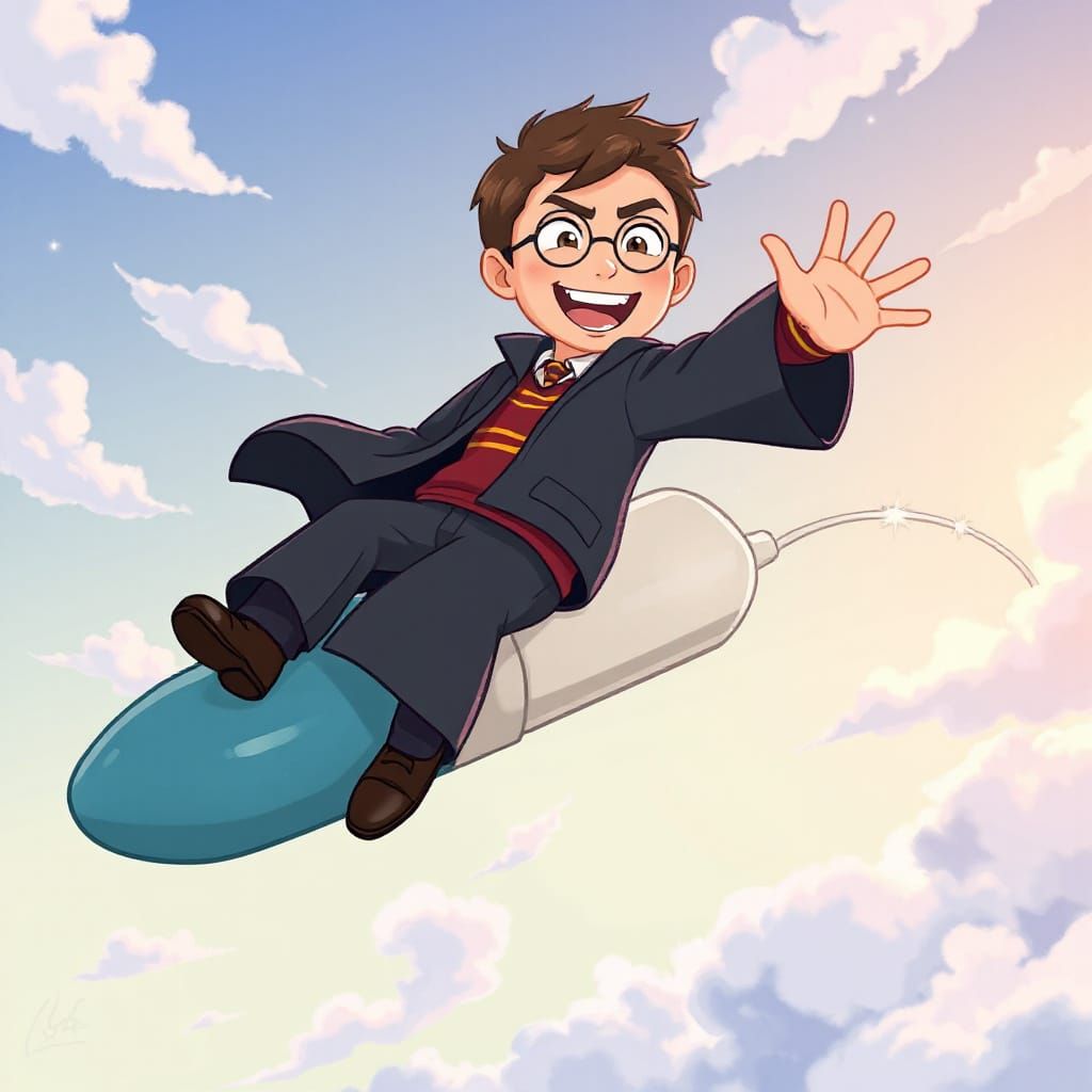 Harry Potter Soars on a Magical Q-Tip in a Whimsical Cartoon...