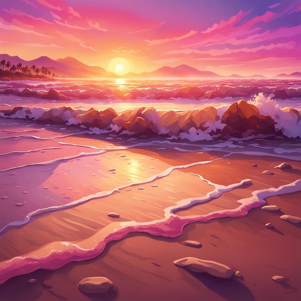 Surreal, Hyperrealistic Beach Sunrise Scene with Gentle Wave...