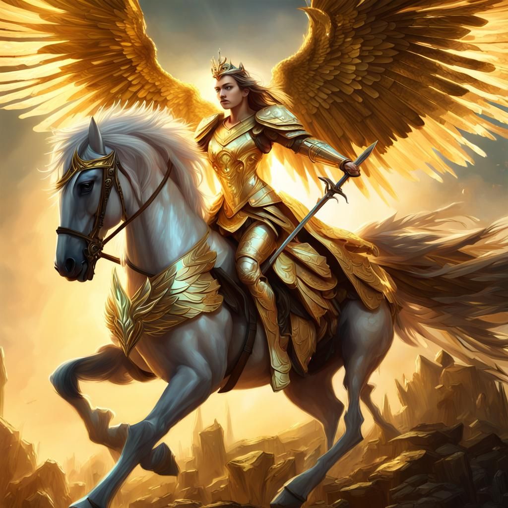 Winged Princess on Steed in Golden Light