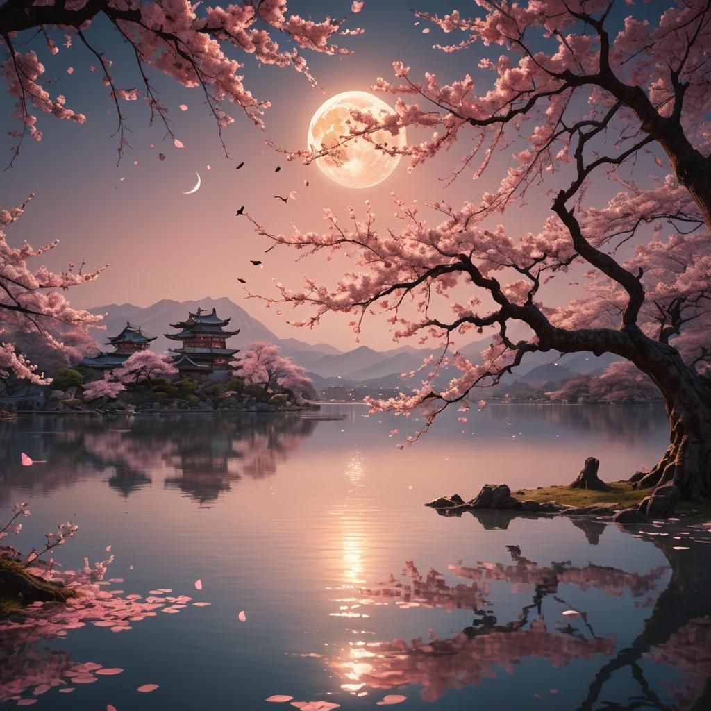Sakura Tree by Lake Under Giant Moon