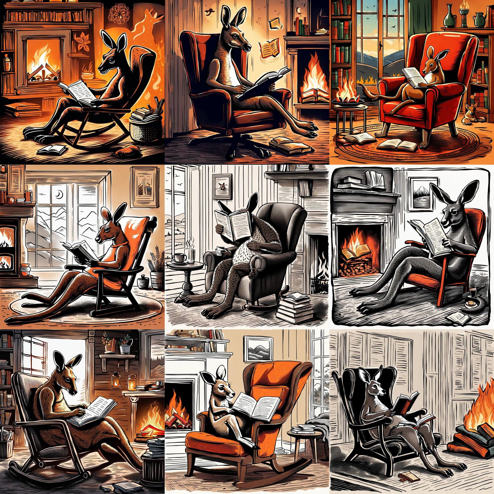 Kangaroo Reading by Fireplace in Cozy Chair