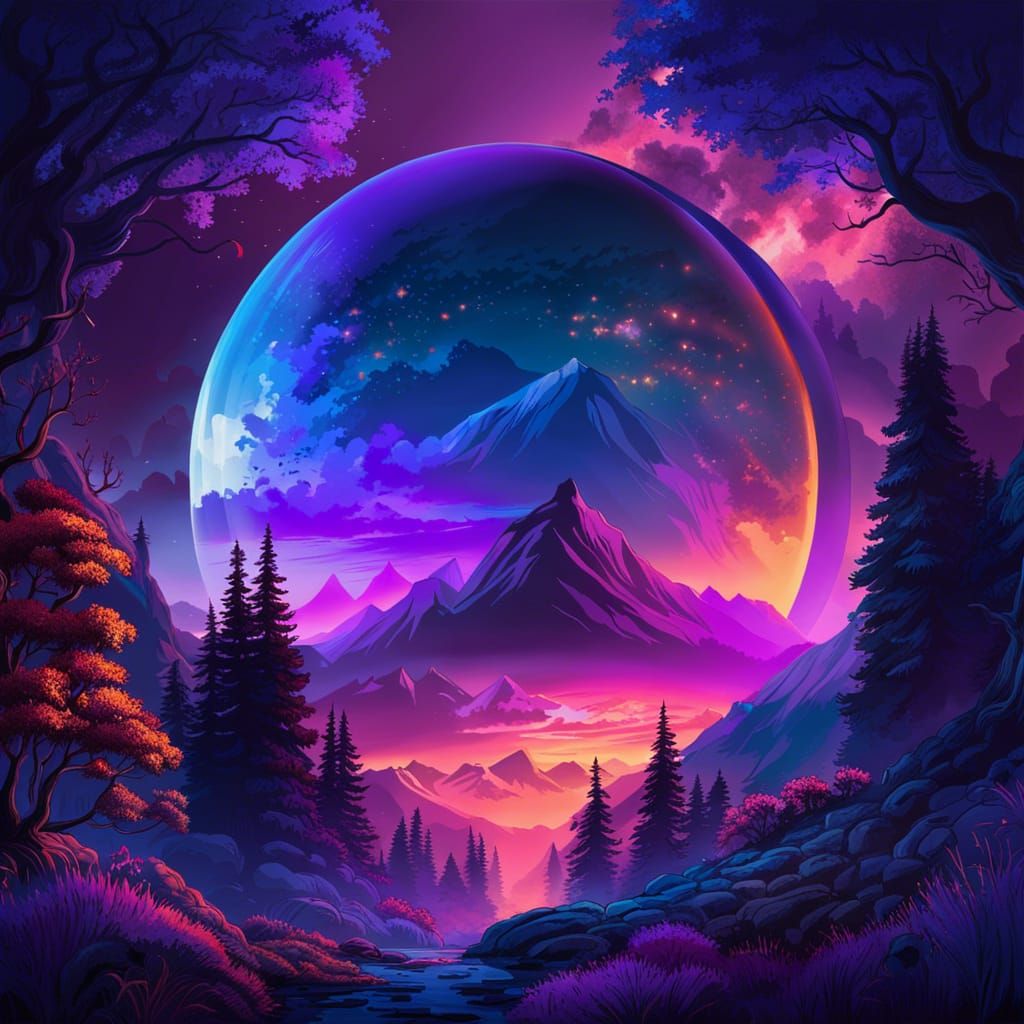 Utopian Mountain Sunset with Purple Clouds