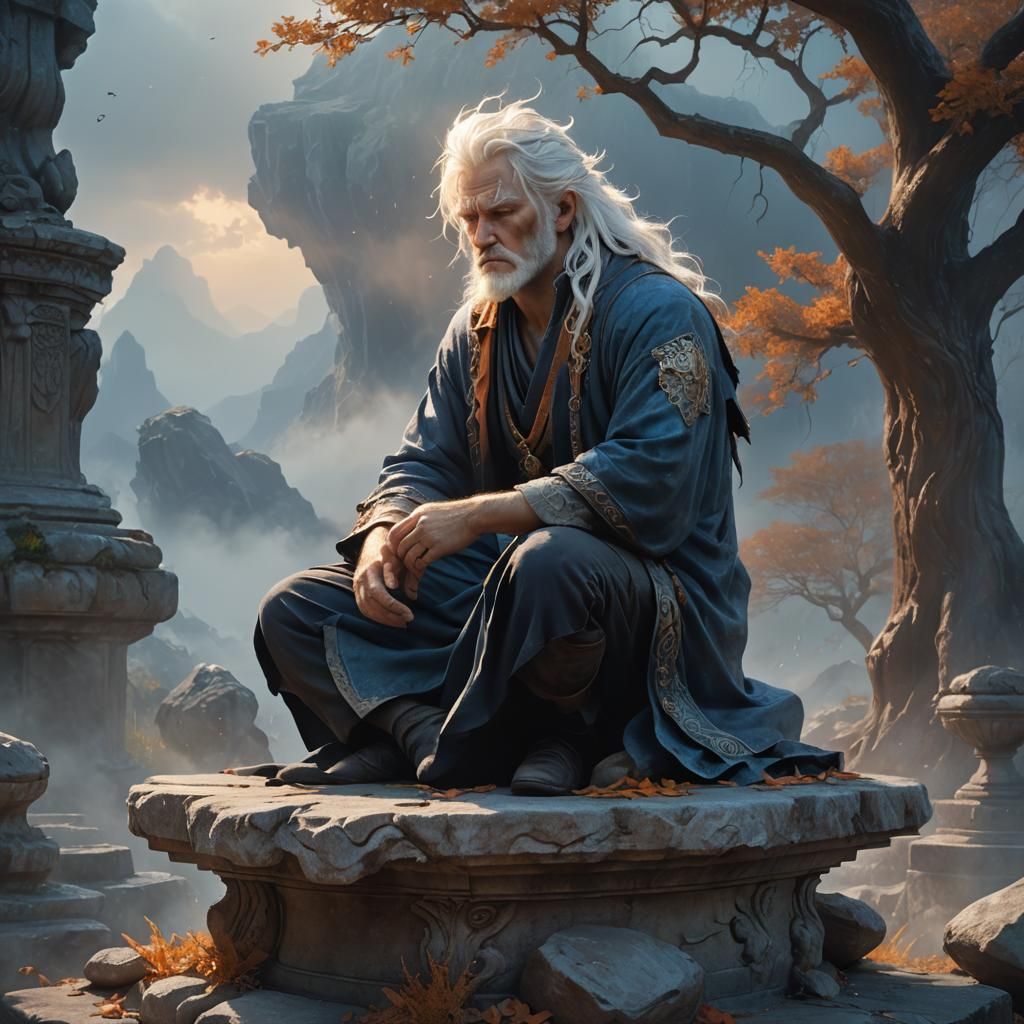 Sleepy Man on Stone Pedestal: Fantasy Concept Art