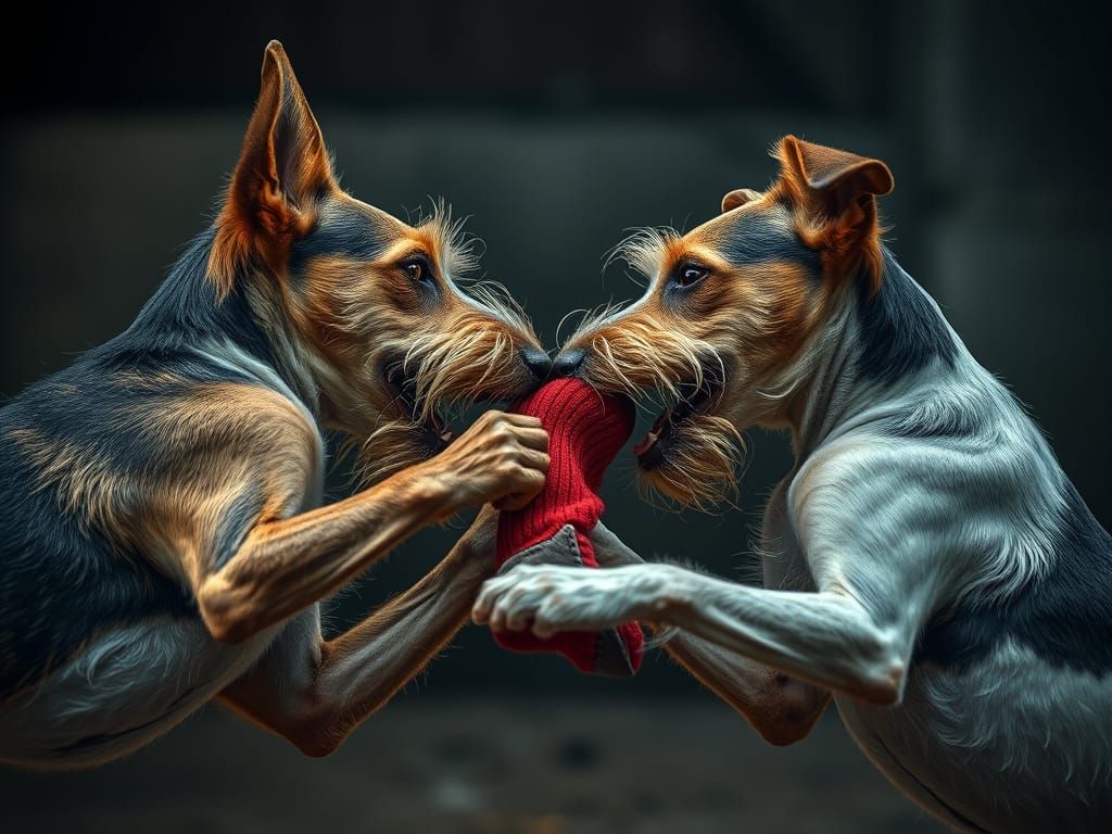 Intense Dog Fight Over Sock Hyperrealistic HDR
