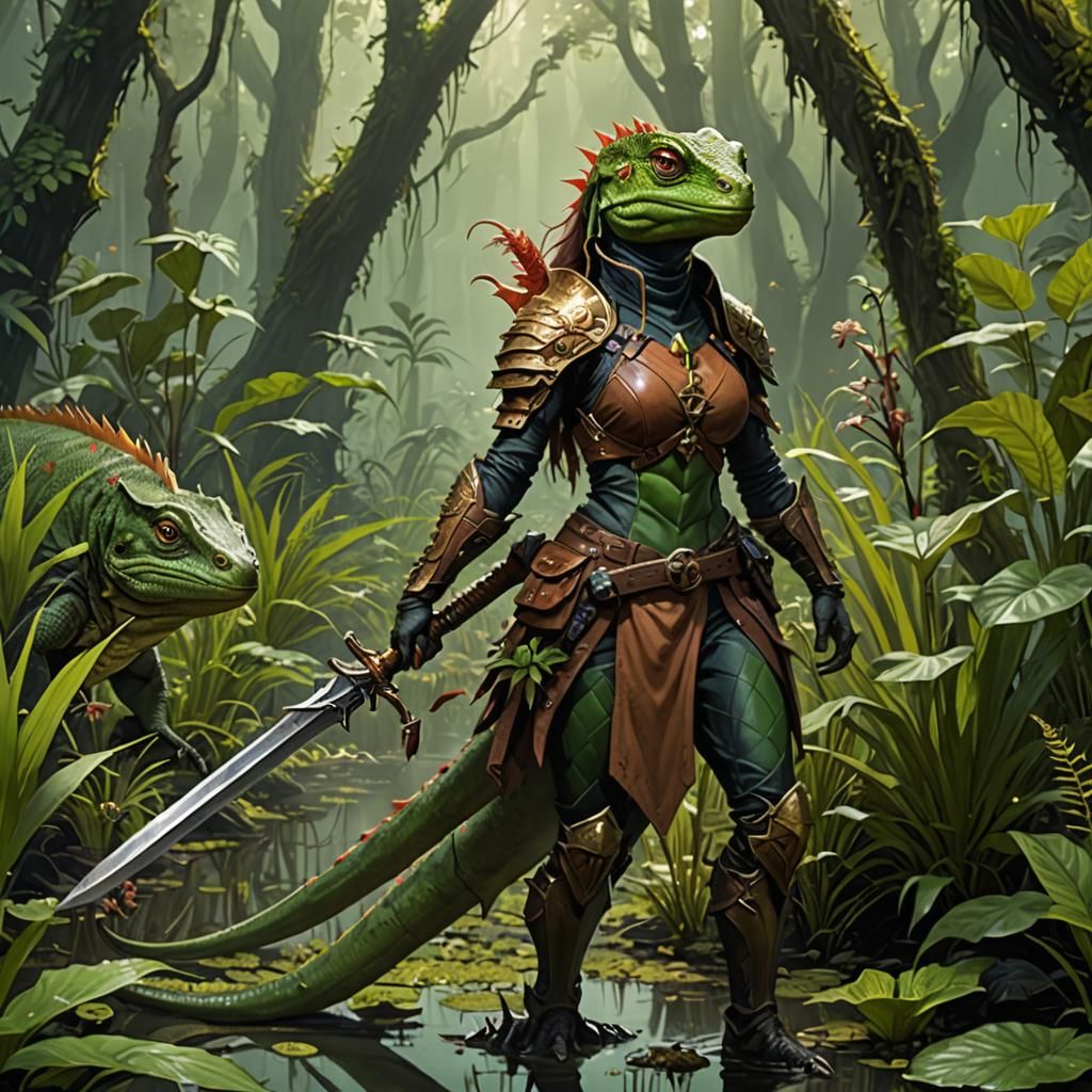 Lizard Warrior in Swamp, Dungeons and Dragons Art