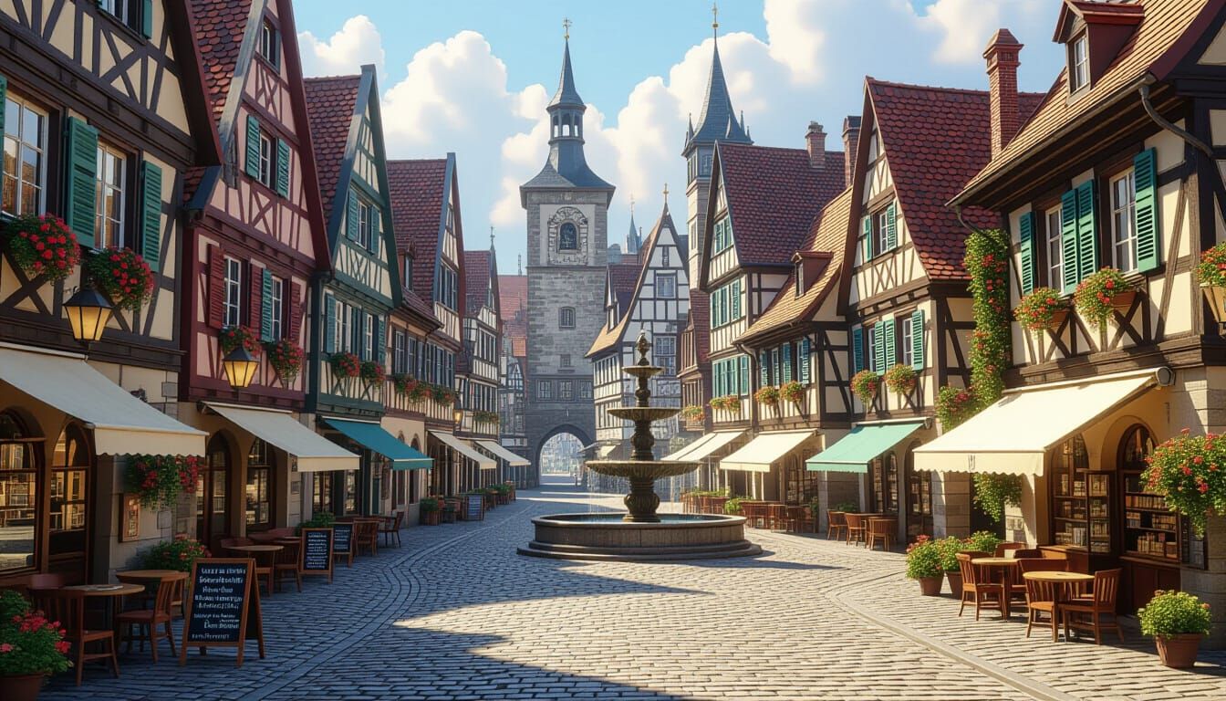 Picturesque German Town Square in Detailed Matte Painting