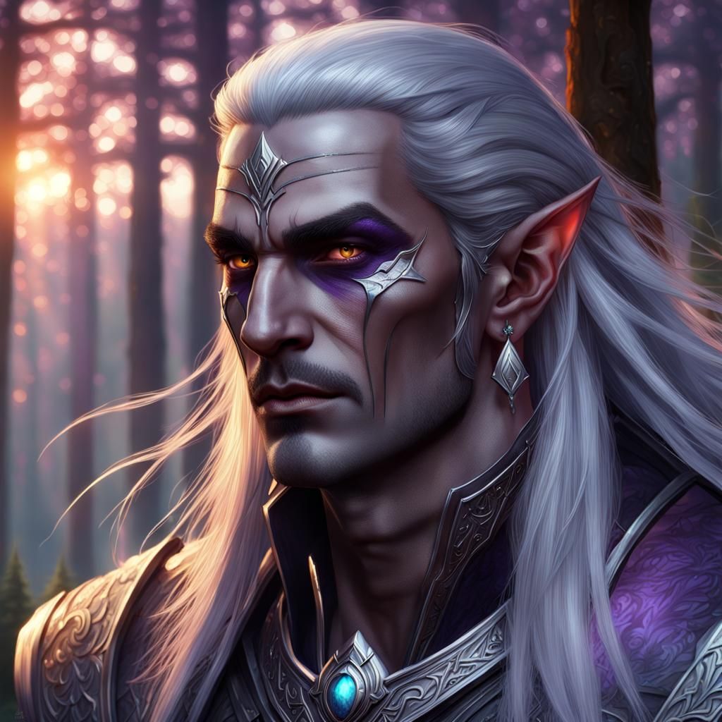 Dark elf fighter in sunset forest