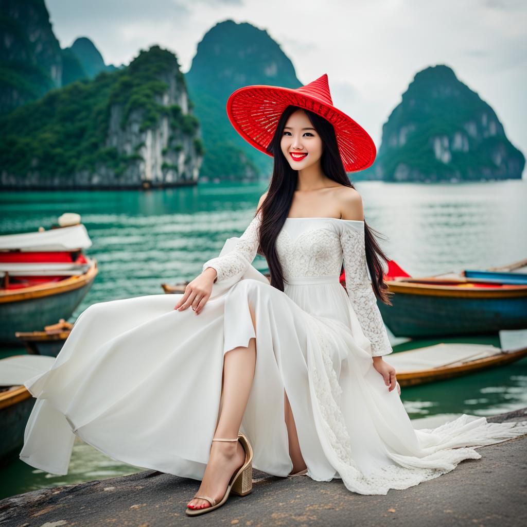 Beautiful Vietnamese Girl in Ao Dai Dress, Ha Long Bay