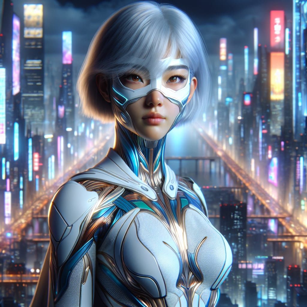 Korean Superheroine in Cyberpunk Cityscape