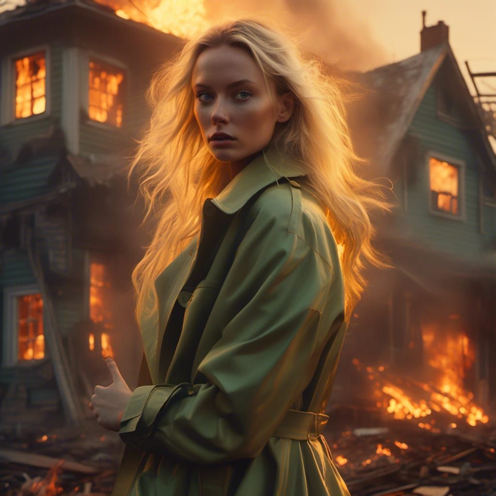 Woman Before Burning House in Hyperrealism