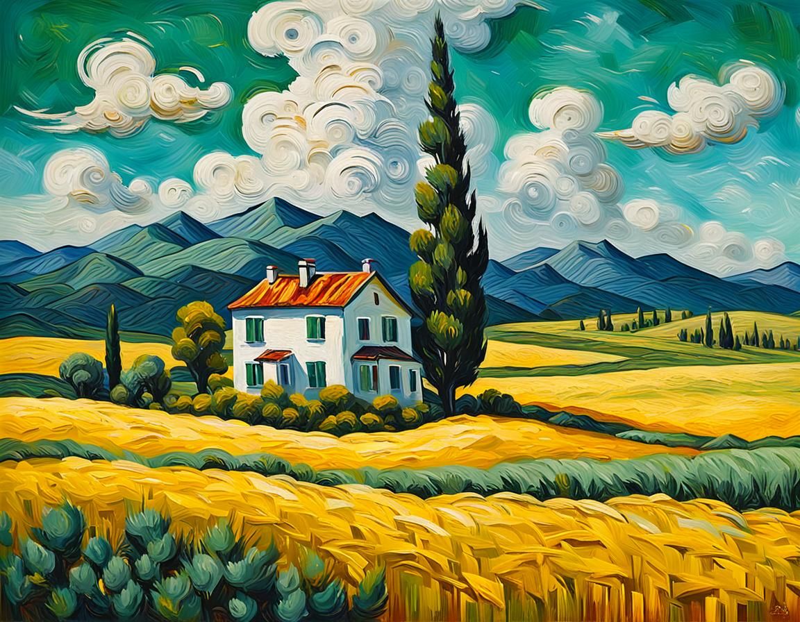 Impressionistic Landscape with Cypress Tree and Wheat Field