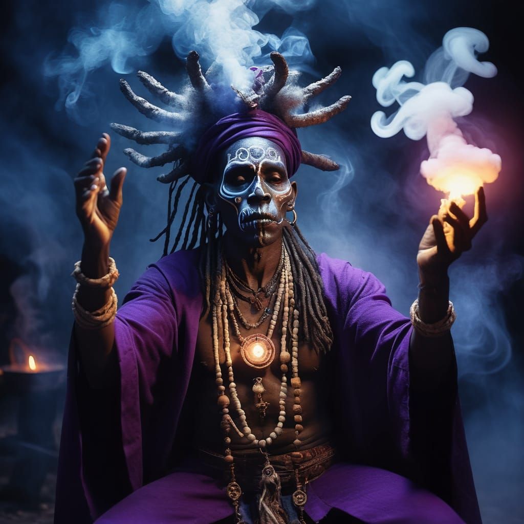 Voodoo Witch Doctor Exorcising Lost Souls in Dark Fantasy Ar...