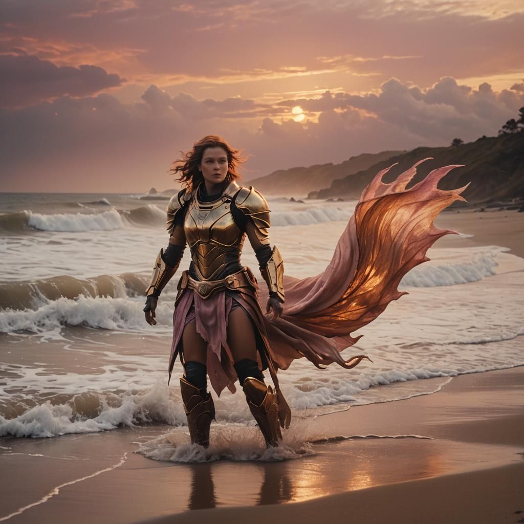 Ra on Beach with Valkyries in Golden Light