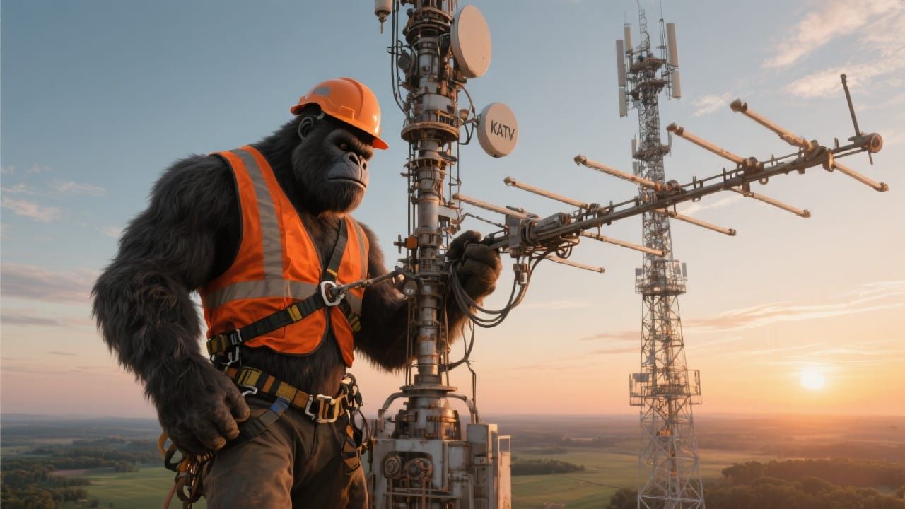 King Kong Repairs TV Tower in Retro-Futuristic Style