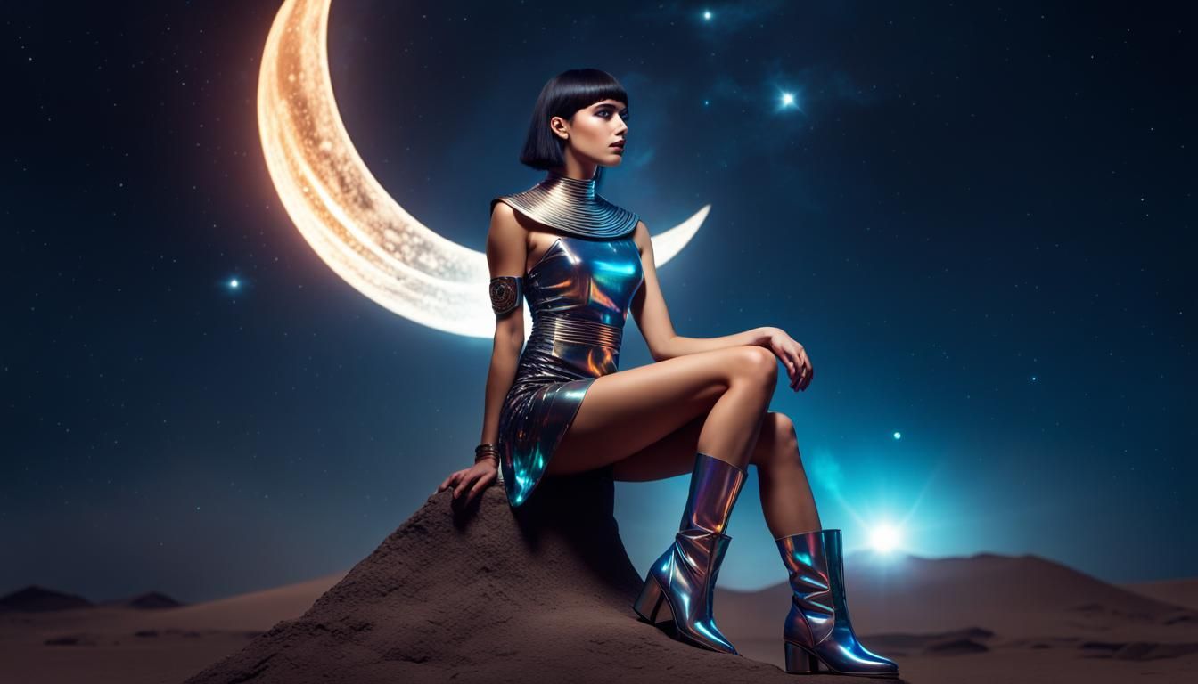 Mystical Woman on Crescent Moon in Holographic Dress
