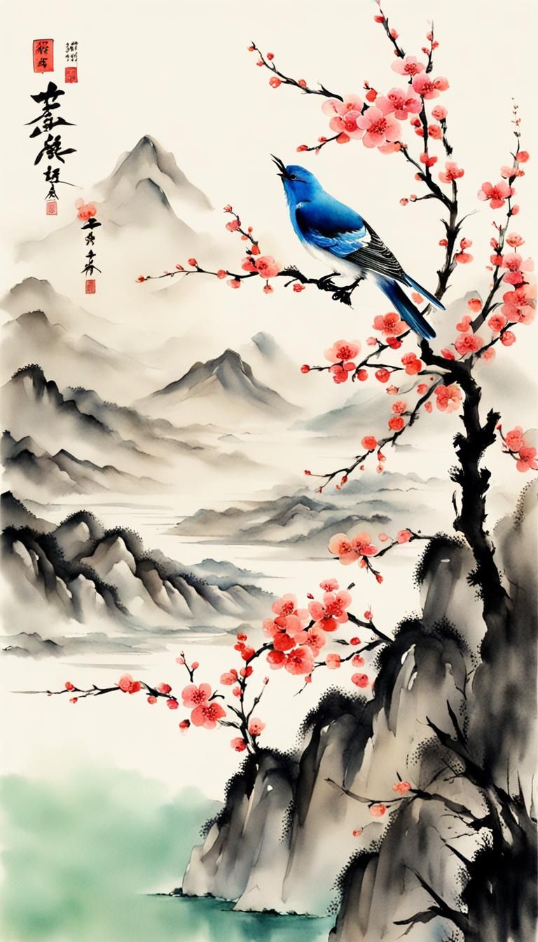 Minimalist Chinese Ink Painting of Apricot Blossoms