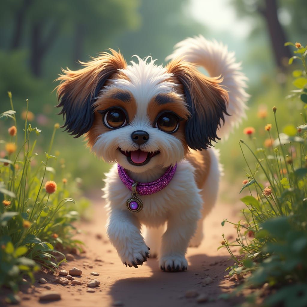Shi Tzu in Whimsical Landscape with Sparkling Collar
