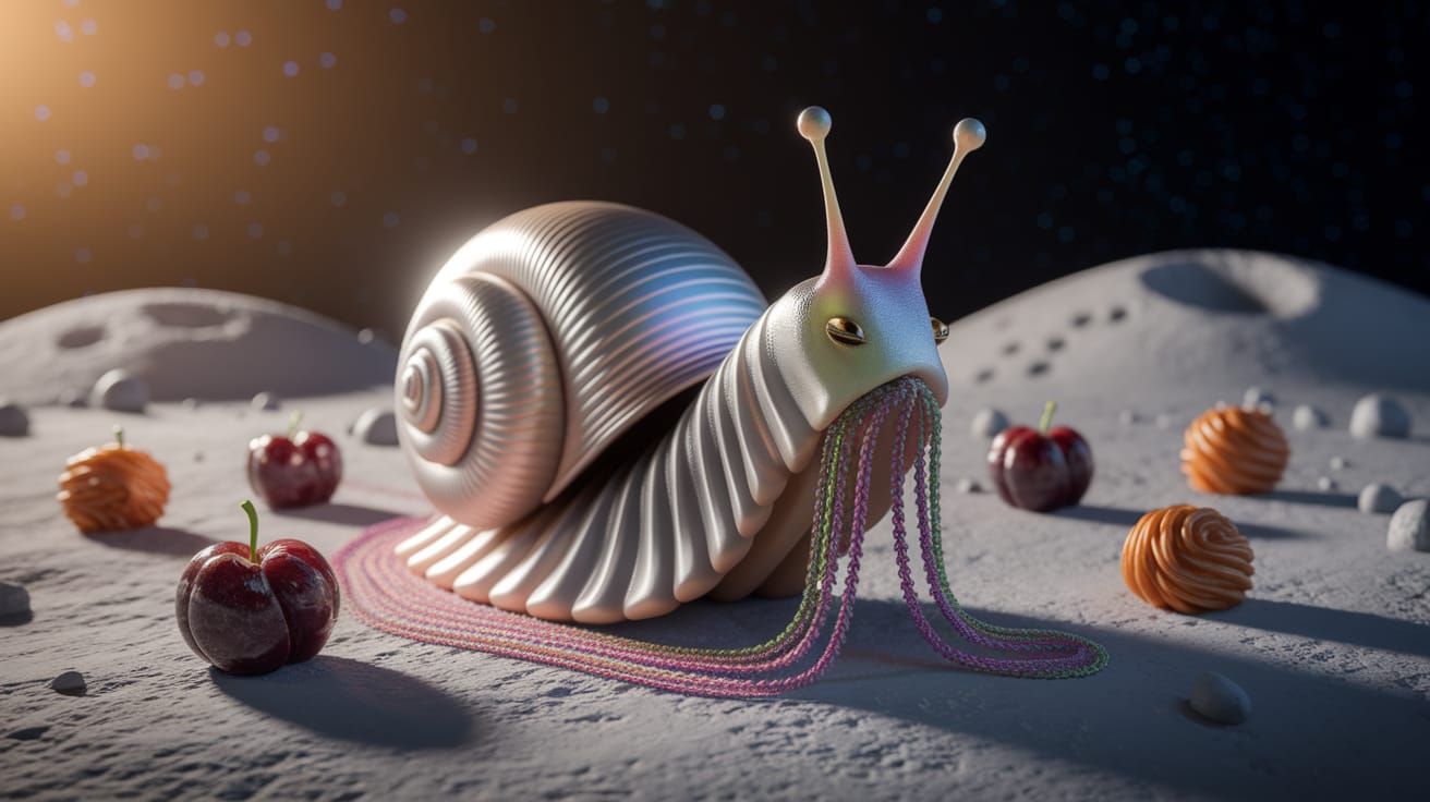Snail Knits Cosmic Tapestry on Moon Amidst Food Art