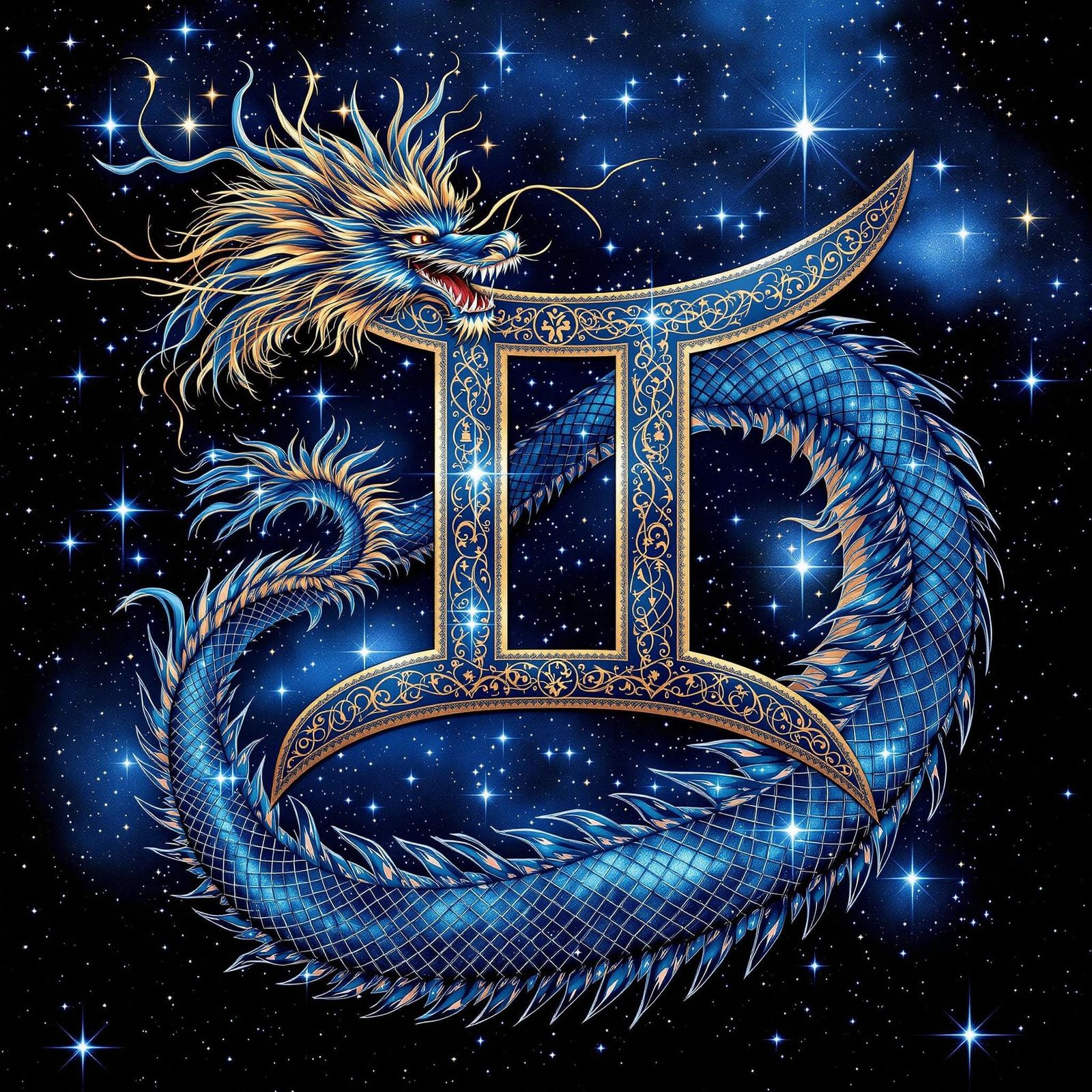 Gemini Symbol with Dragon in Art Nouveau Style