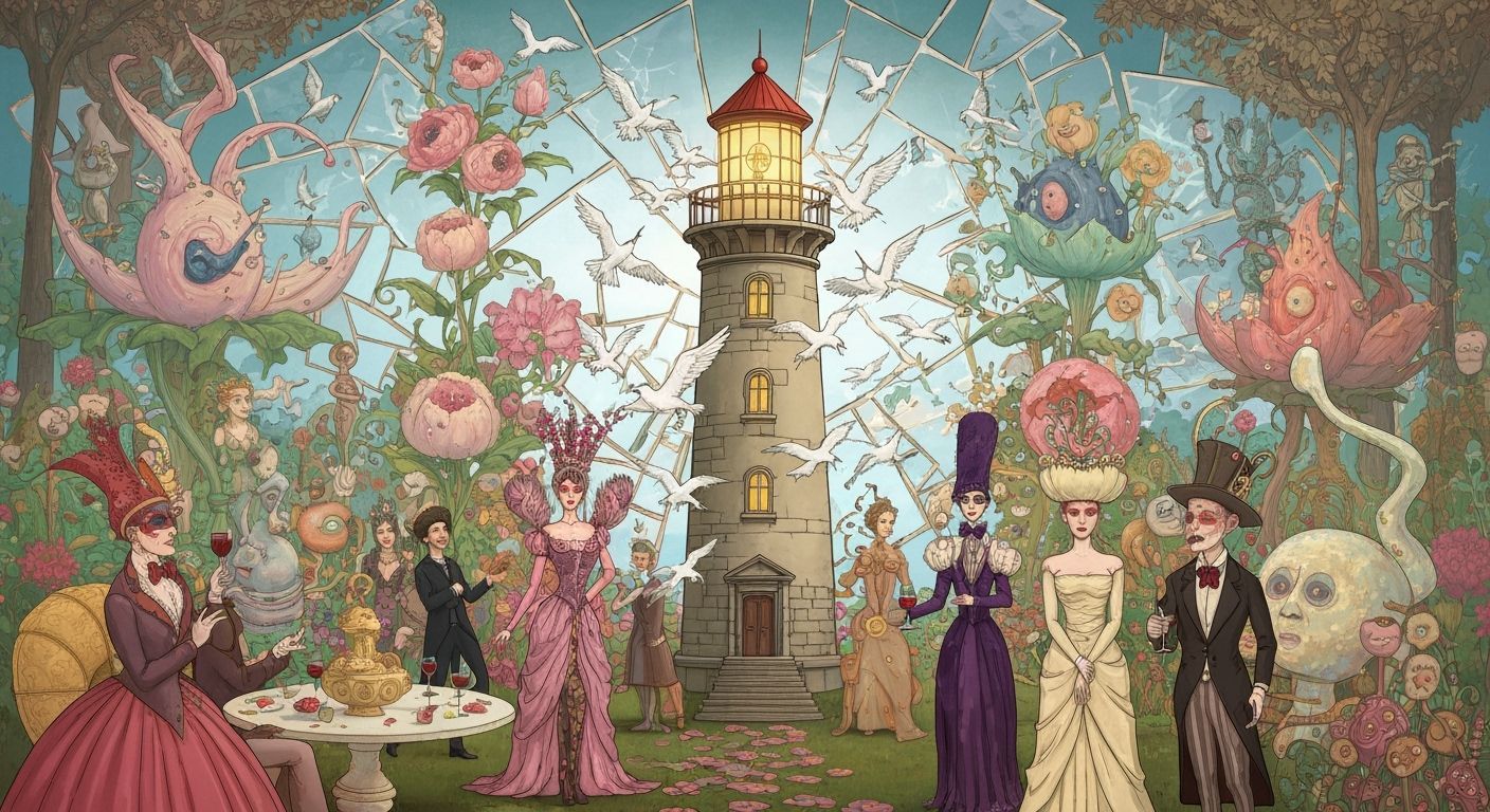 Surreal Garden Party with Cartoon Lighthouse