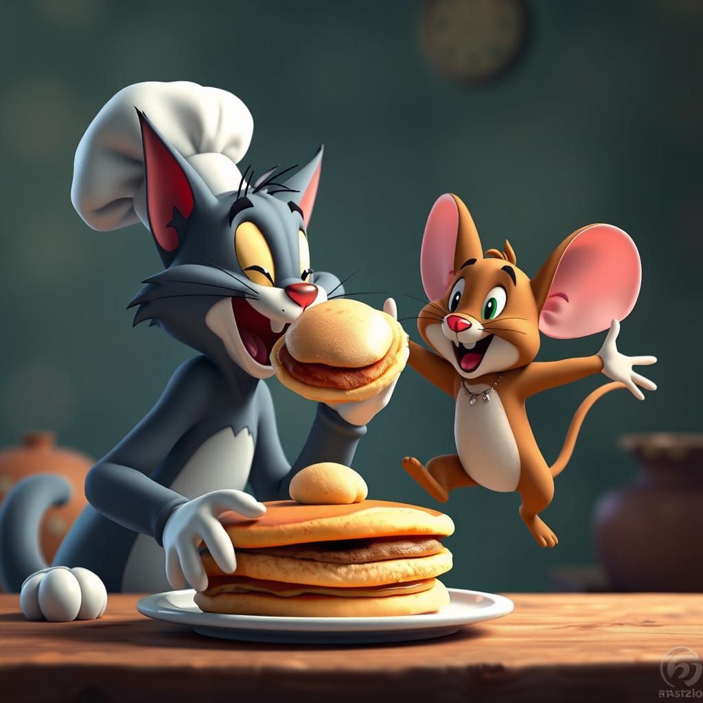 Whimsical 3D Cartoon Scene of Tom Cat and Jerry Mouse
