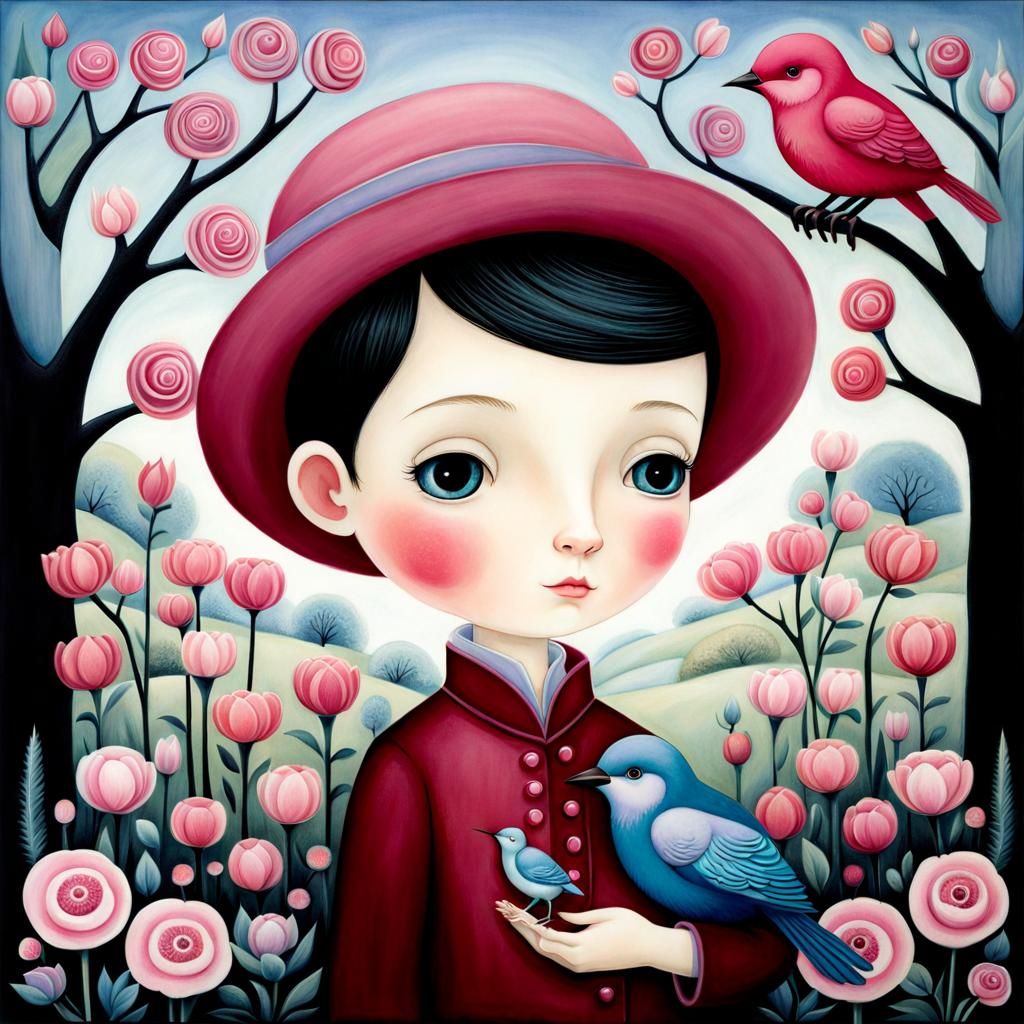 Boy with Bird in Spring Garden Illustration