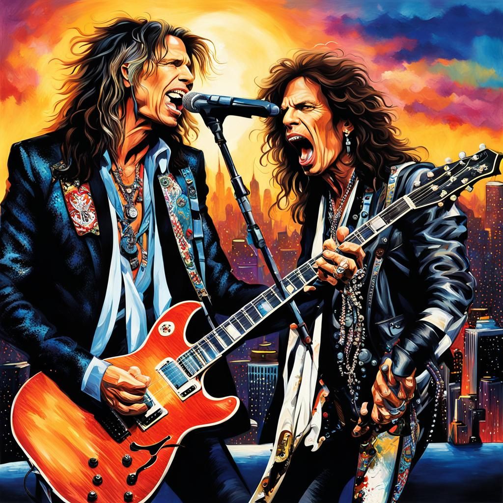 Rockstars Performing with Guitars in Abstract Style