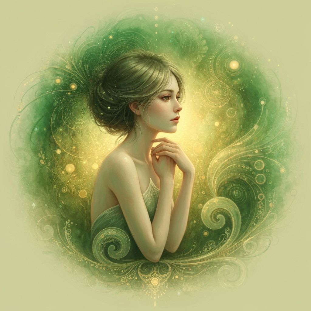 Ethereal Woman in Dreamy Green and Gold Illustration