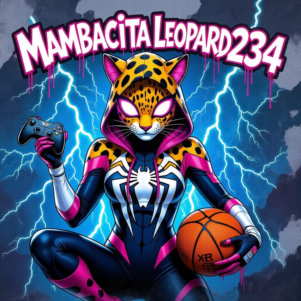 Spider-Gwen Leopard Gamer with Lightning in Graffiti Style