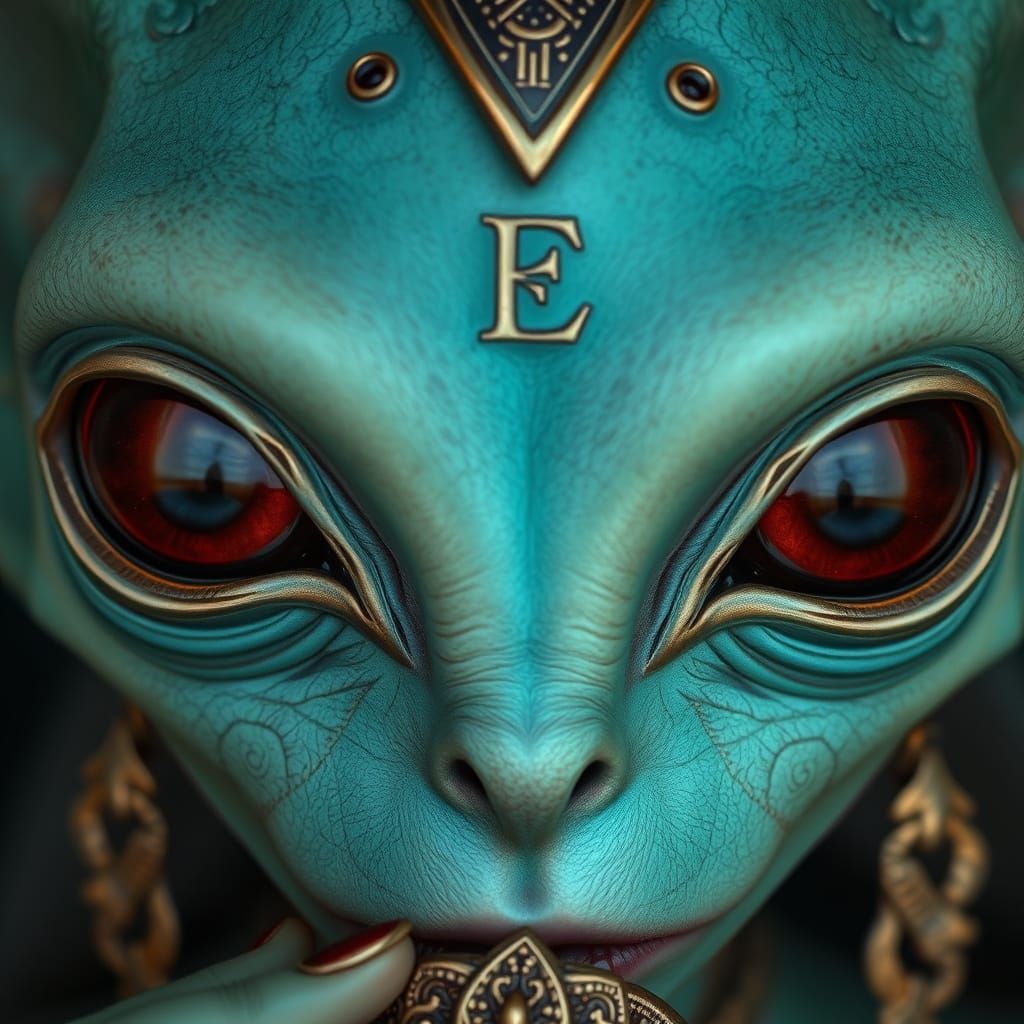 Exotic Alien Beauty with Copper Eyes and Ancient Script